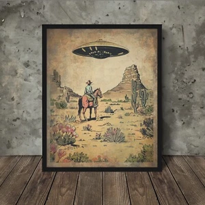 Vintage OLD WEST UFO COWBOY Wall Art, Retro Western Sci-fi  Cactus Alien Decor - Picture 1 of 19