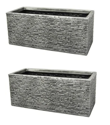 STRATA 2 x Grey Brick Stone Effect Plastic Garden Trough Planter Patio Flower Pot 60cm