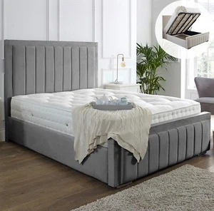 NEW OTTOMAN STORAGE PANEL PLUSH VELVET UPHOLSTERED BED FRAME DOUBLE & KING SIZE - Picture 1 of 13