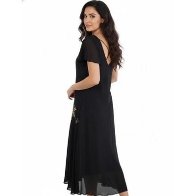 Vestido midi SL Fashions negro de gasa con cuentas cuello en V manga gorra talla 14 vintage Foto 1 de 4