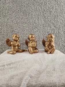 Set Of 3 Goldtone Adorable Baby ANGEL Sitting Figurine Religious Cute Decor Vtg - Picture 1 of 20