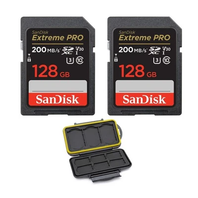 SanDisk 128GB Extreme PRO 200MBs Memory Card 2 pack Memory Case bundle FAST - Image 1 of 4