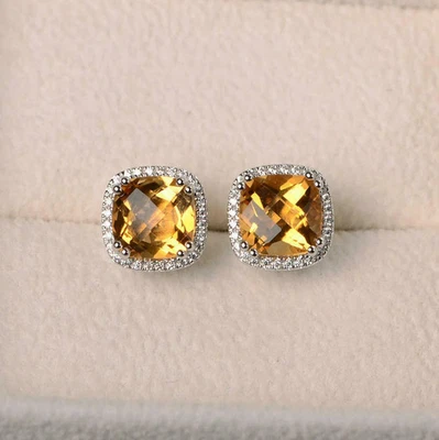 Aretes con halo de diamantes y citrino amarillo natural de 2 quilates de oro blanco macizo de 14 k Foto 1 de 4