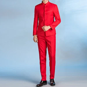 Herren Anzug Mandarin Opa Kragen Chinesisch Asiatisch Abendessen Jacke Hose Zhongshan Rot - Bild 1 von 13