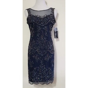 Pisarro Nights Beaded Short Mesh Sheath Gown Evening Dress Dark Blue Size 4 - Picture 1 of 5