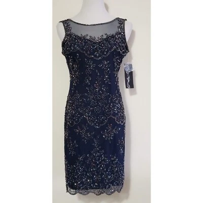 Vestido de noche Pisarro Nights con cuentas corto de malla azul oscuro talla 4 Foto 1 de 4
