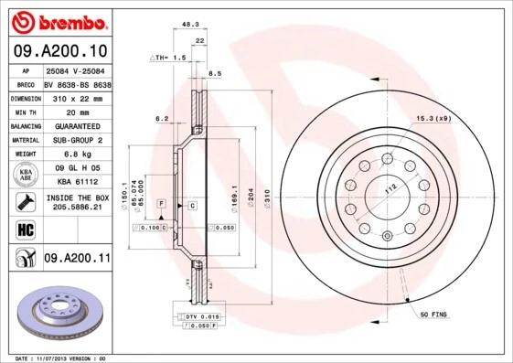 2x 09.A200.11 BREMBO BRAKE DISC PAIR REAR AXLE FOR AUDI AUDI (FAW) CHRYSLER CUPR Foto 1 de 4