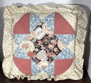 Vintage Throw Pillow Quilted Hand Stitched Cottage Core Shabby Chic Roses Tea - Picture 1 of 10