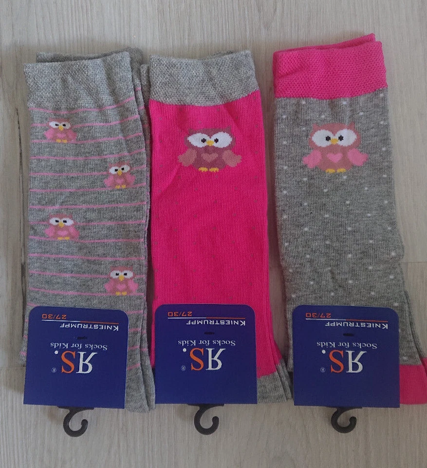 RIESE STRÜMPFE RIESE 3x Mädchen Kniestrümpfe 23 - 38 Socken Strümpfe Mädchenstrümpfe EULE rosa