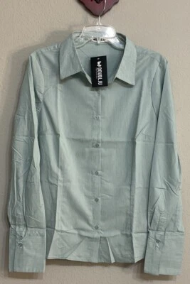 Doublju Women’s XL Mint Green Button-Up Collared Long-Sleeved Blouse NEW! A3002 - Image 1 of 4