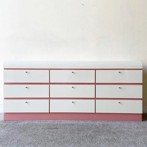 Postmodern Pink & White Lacquer Laminate Waterfall Lowboy Dresser - 9 Drawers Cover