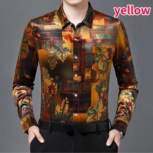 Men Shirt Blouse Velvet Tops Floral Retro Casual Printed Disco Pleuche Flower  - Picture 1 of 8
