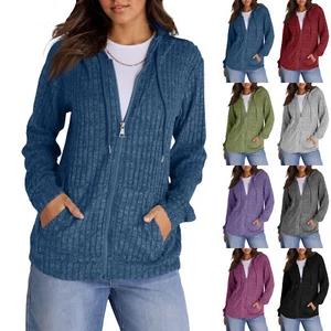 Womens Long Sleeve Zip Up Hoodie Tops Ladies Casual Loose Hooded Sweatshirt Coat - Picture 1 of 36