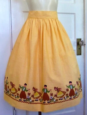 Falda completa de algodón con estampado de bordes de novedad holandesa vintage de los años 50 cintura de 28" Foto 1 de 4