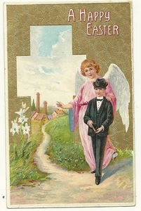 Guardian Easter Angel with boy in suit and hat off to church - Picture 1 of 1