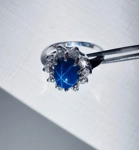 Estate 10K White Gold Cabochon Blue Star Sapphire w/White Spinel Ring sz 5, 3g - Picture 1 of 16