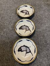 3 Made in Hong Kong Dark Blue & White/Gold Deep saucers Decorated W/ A Carp