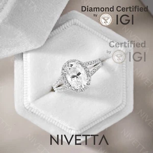 3.39 ct Lab Grown Oval Cut Halo Split Shank Diamond Engagement Ring VS1 D - Picture 1 of 9