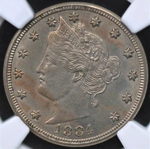 1884 LIBERTY NICKEL NGC MS 61 APPEALING RUSTY PEWTER SPLASHES OVER BOTH SIDES - Picture 1 of 5