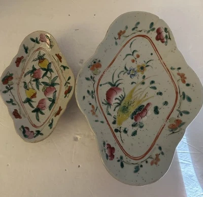 Rare Chinese Antique Famille Rose Footed Dish Set Of Two - Image 1 of 4