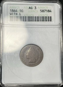 1864 Indian Head Cent L On Ribbon ANACS Ag 3 Old Soap Box Holder - Picture 1 of 2
