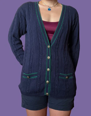 CÁRDIGAN ABOTONADO DE COLECCIÓN AZUL MARINO TEJIDO CON CABLE PREPPY DINERO ANTIGUO TENIS POLO PEQUEÑO Foto 1 de 4