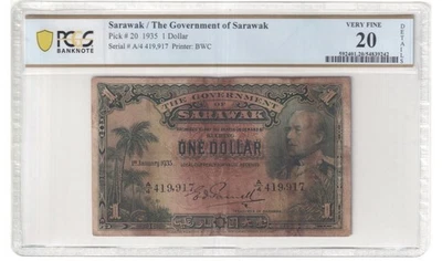 1935 SARAWAK BANKNOTE 1 DOLLAR PCGS VF20, P-20 - Image 1 of 4
