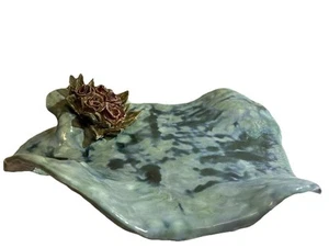 UNIQUE & FAB Blue/Teal Serving Dish With Lotus Flower~VTG~ Mississippi Pottery? - Picture 1 of 22
