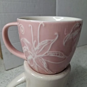 Starbucks 2006 Pink Floral Lilys & Hearts Embossed 12 oz Coffee Tea Cup Mug - Picture 1 of 6