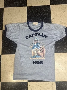 Vintage 80s Captain Bob Graphic Ringer T Shirt Size Men's Large - Picture 1 of 9