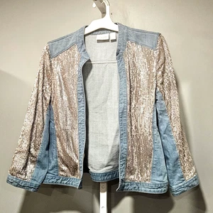 Chico’s Women’s Size 1 Light Wash Denim Open Jacket w/Sequins Snap Cuffs - Picture 1 of 4