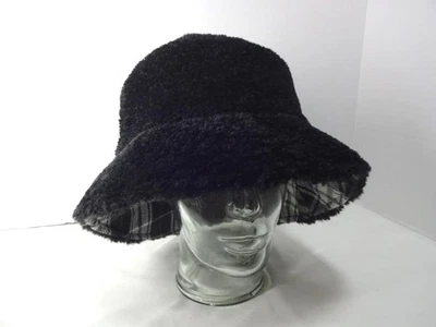 SOFT BLACK SHEARLING LAMB SHEEP'S FUR BUCKET HAT W/PLAID CLOTH LINING 1 SIZE - Image 1 of 4