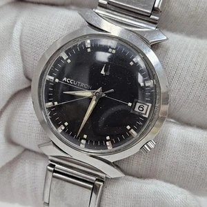 Vintage 1967 218D Bulova Accutron Watch Stainless Black Dial Rare Fancy Lugs - Picture 1 of 12