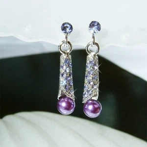 Morado Perla Concha Con Cristal Swarovski Novia Boda Baile Fiesta Pendientes - Imagen 1 de 1