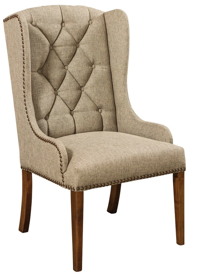 (2) Wing Back Dining Chairs Tufted Nailhead Upholstered Captains Arm Solid Wood - Image 1 of 1