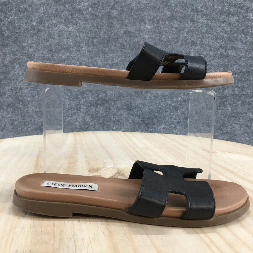 Steve Madden Sandals Youth 4 M Girls Hoku Slip On Flats Slide Black Leather - Image 1 of 4
