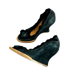 Woman's Kurt Geiger London Boho Crotchet Trim Velvet Wedge Heels Shoes - Picture 1 of 10