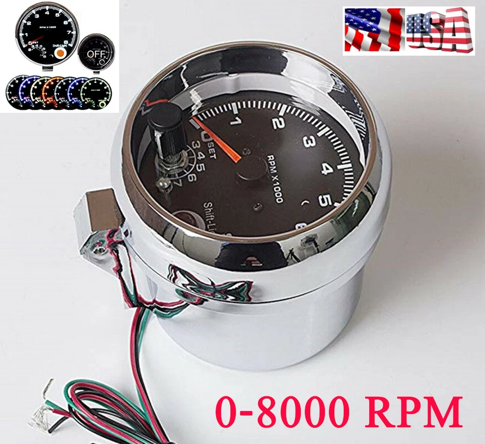 Calibre tacómetro coche carcasa cromada ajustable retroiluminada LED 7 colores 0-8000 RPM Foto 1 de 4