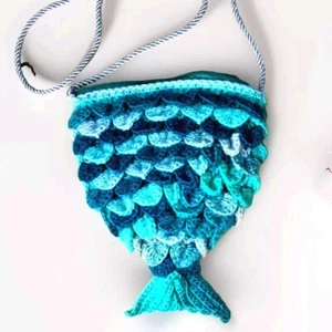 Mermaid Style Crochet Purse Turquoise Ombre Shoulder Bag Dragon Scale Handmade - Picture 1 of 9