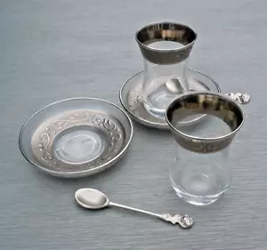 Pair of Turkish Tea Glass Cups Saucers Spoons - Picture 1 of 13
