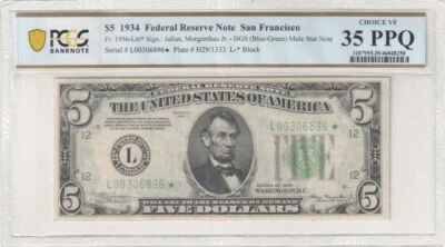 $5 1934 FRN, Fr. 1956-Lm* Scarce San Francisco Star  =ONLY 5 KNOWN= PCGS 35PPQ - Image 1 of 2