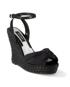 WHITE HOUSE BLACK MARKET Gianna Black Pleated Espadrille Wedge Heel Womens 8 9.5 - Picture 1 of 7