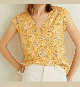 Mango Satiny Printed Blouse V-neck. Short sleeve. Yellow/Tangerine/Off white - Picture 1 of 8