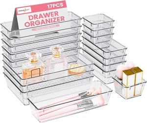 Makeup Drawer Organizer Trays 17 PCS, 4-Size Clear Drawer Organizers with Silico - Picture 1 of 8