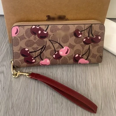 Cherry Print Logo Canvas Long Zipper Fold Wallet 褐色 — 第 1/3 张图片