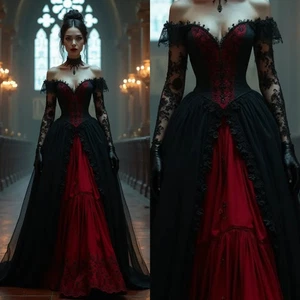 Gothic Black And Red Wedding Dress Bridal Gown Lace Appliques Vintage Victorian - Picture 1 of 8