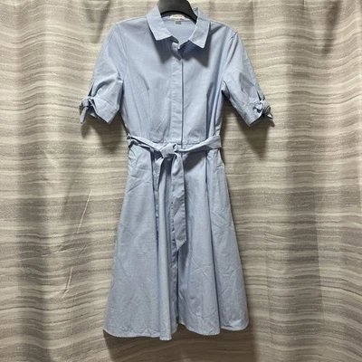 Calvin Klein Light Blue Puff Sleeve Tie Waist Shirt Button Up  Cotton Dress Sz 6 - Image 1 of 4