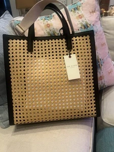NWT Ted Baker London Flo June Rattan Tote Handbag Leather Trim Detachable Strap - Picture 1 of 8