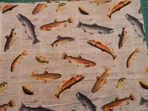 JoAnn Tessuti Trota e Pesce Tessuto Cotone 44" X 33" (3" Corto di Corta) Pesca - Foto 1 di 14