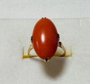 18k Gold Large Nat. Coral Vintage Ring 4.2g US:7-7.5 Retro Style Orange Red JPN - Picture 1 of 22